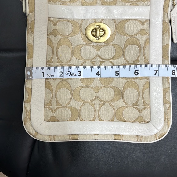 Coach Logo Crossbody Button Lock Inside Outside Pockets Cream Tan Leather Accent - Picture 10 of 10